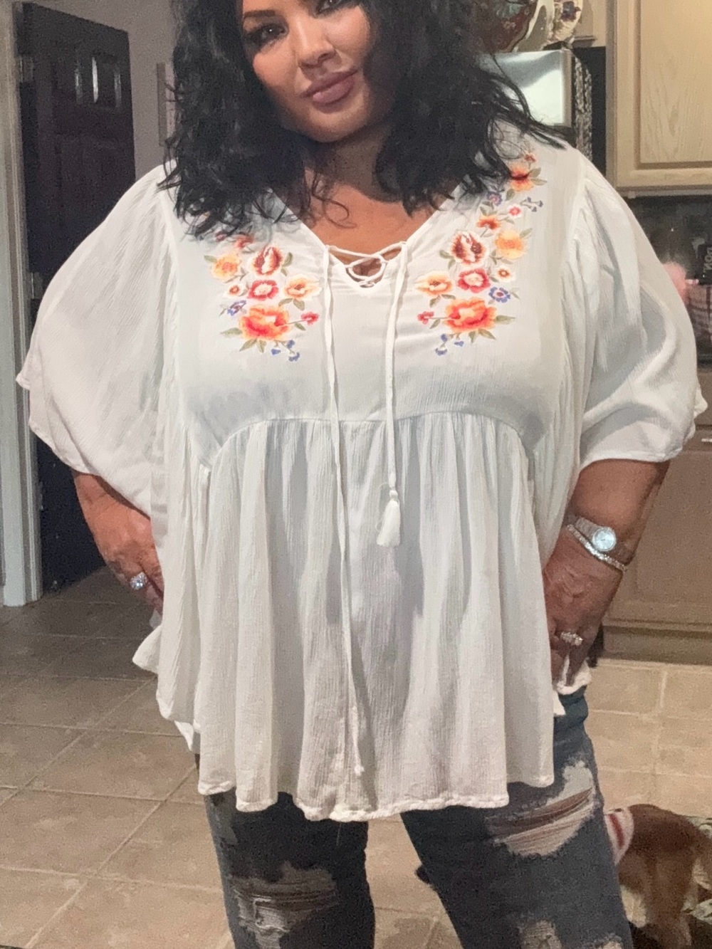 Forever 21 White Embroidered Lace-Up Peasant Blouse
